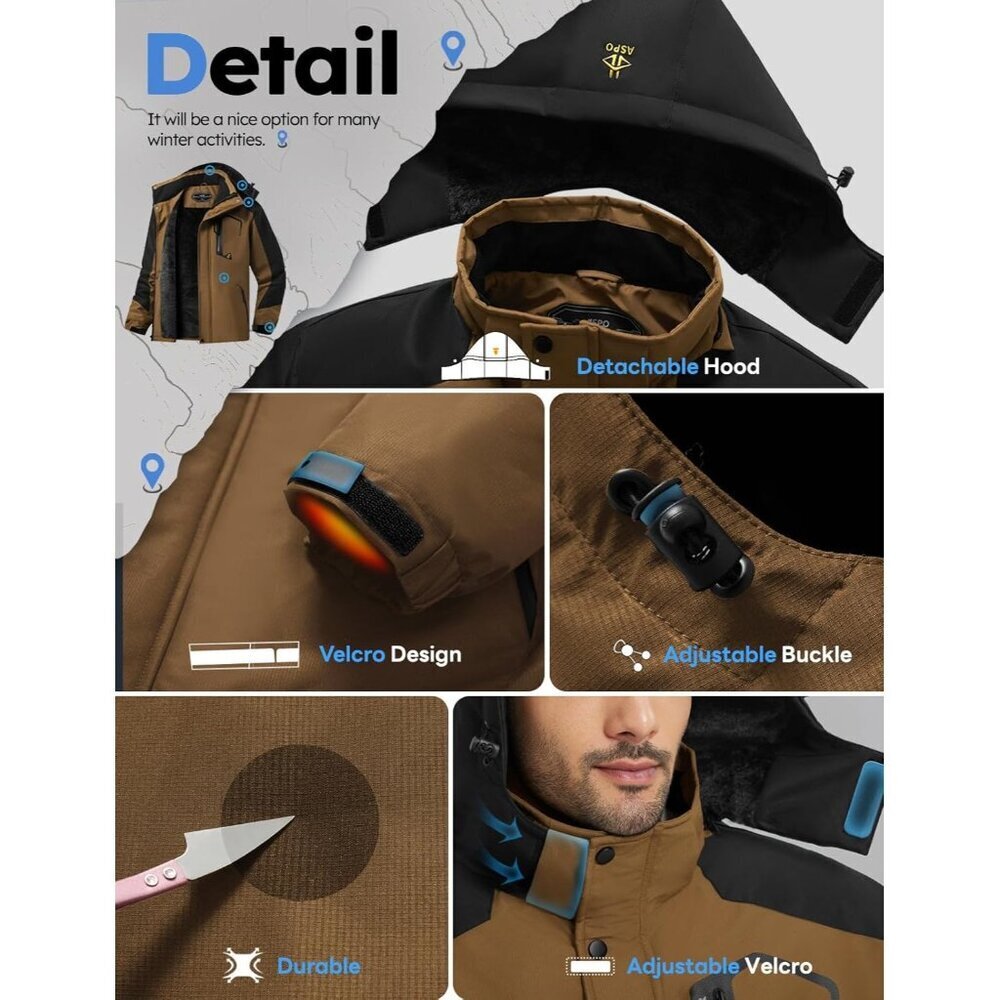 Men's Coffee 1 Waterproof Winter Warm Snow Coat Fleece Lined Hiking Ski Jacket - Picture 7 of 7